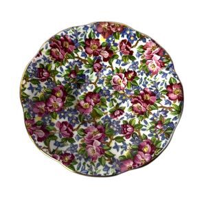 Bone China Rosina Saucer Floral Chintz Pattern Scalloped Edges Gold Gilt England